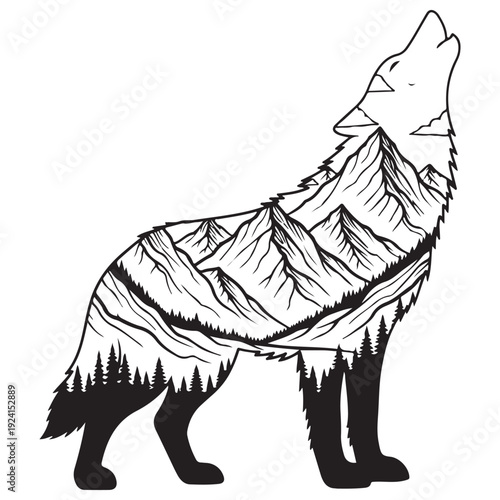 Howling Wolf Silhouette with Double Exposure Mountain Landscape and Pine Forest, Artistic Wild Animal Vector Illustration for Outdoor Branding and Apparel Design, Minimalist Black and White Graphic.