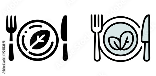 Vegan and vegetarian food icons with plate fork knife utensils  healthy eating symbols