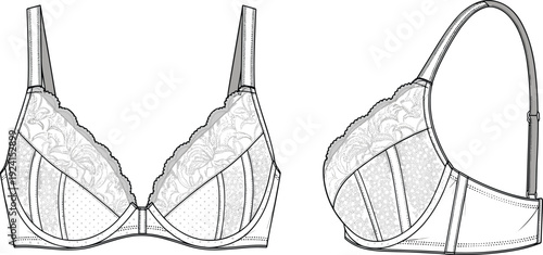 Bra illustration, lace fabric lingerie, underwire bra design, fashion undergarment sketch, intimate apparel drawing, feminine clothing concept, stylish underwear comparison, garment construction