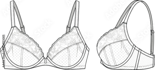 Bra illustration, lace polka dot lingerie, underwire bra design, fashion undergarment sketch, intimate apparel drawing, feminine clothing concept, stylish underwear comparison, garment