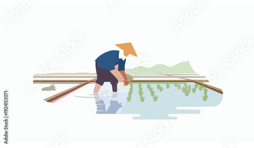 Farmer Transplanting Rice Seedlings in Paddy Field Flat Agriculture Vector Illustration