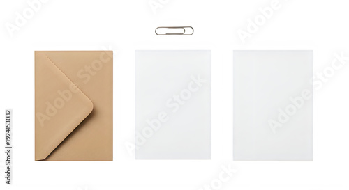 Three blank cards and an envelope for note writing isolated on transparent background