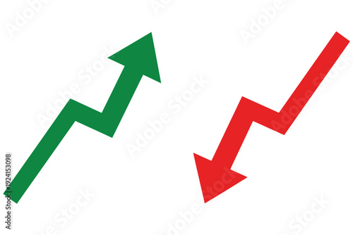 A graphic illustration of a green arrow pointing up and a red arrow pointing down on a white background, symbolizing contrasting trends and directions.