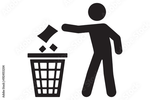 A person throwing away trash into a garbage can with a white background
