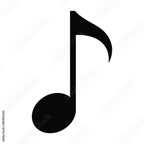 Black musical eighth note symbol isolated on a clean white background representing rhythm melody and the universal language of sound in music composition and performance