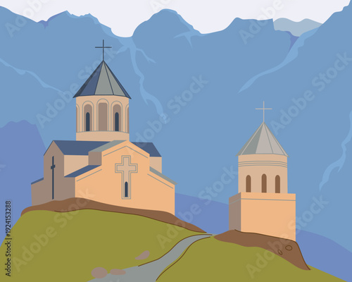 The Gergeti Trinity Church is located at the foot of Mount Kazbek in the Georgian village of Gergeti, directly above the village of Stepantsminda. View of ancient temple and mountain ranges. Vector