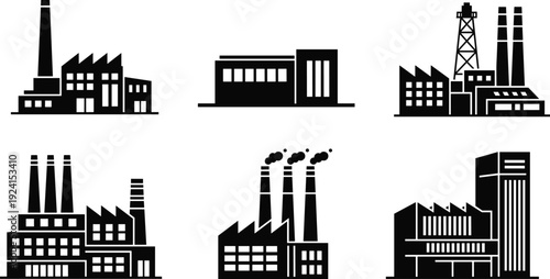 Set of black industrial factory icons and power plant silhouettes featuring smokestacks, warehouses, oil rigs, and manufacturing buildings isolated on a white background