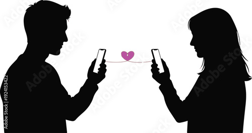 Couple Connected by Smartphone with Heart Symbol Silhouette Illustration