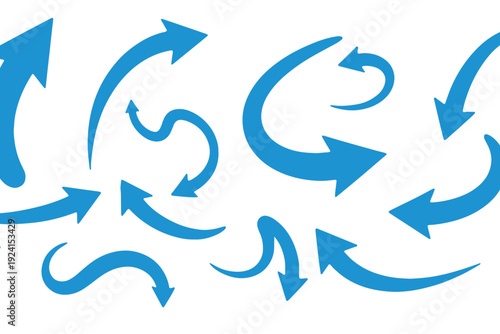 A collection of blue arrows pointing in various directions on a white background