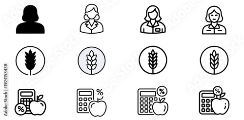black and white line icons set of people calculator and fruits with percentage signs and wheat leaves in circles  business and finance concept