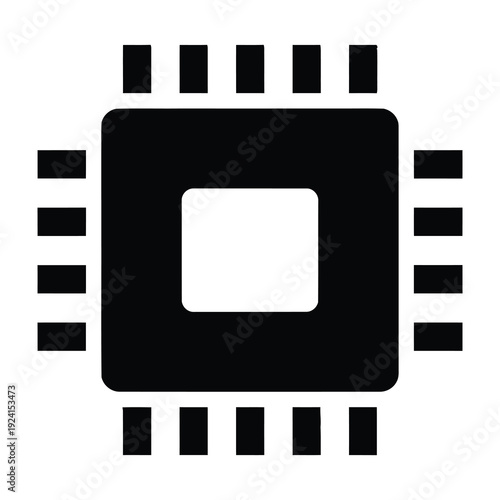 Central processing unit chip icon a square microchip with multiple pins extending outwards representing computing power and digital technology with a clean minimalist aesthetic