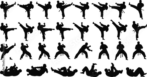 Martial arts kickboxing silhouette set, fighter training poses collection with high kicks and ground combat isolated background
