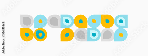 Colorful circles, squares form repeating pattern. Light background enhances playful design. Simple geometry creates visual rhythm.