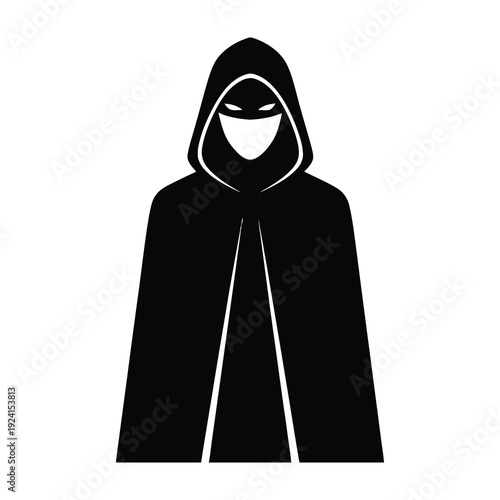 Mysterious cloaked figure with glowing white eyes and mask representing anonymity secrecy and hidden identity isolated on a clean white background with dramatic contrast and sharp