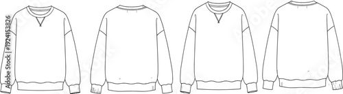 Crewneck sweatshirt mockup set, CAD drawing flat vector illustration with front and back views isolated template