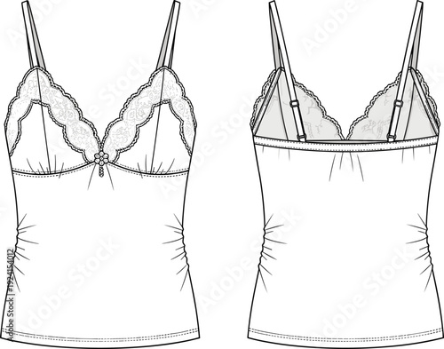 Lingerie camisole technical sketch with lace trim, v-neckline, adjustable straps, gathered bust, side ruching, and flower pendant, fashion flat drawing for apparel design.