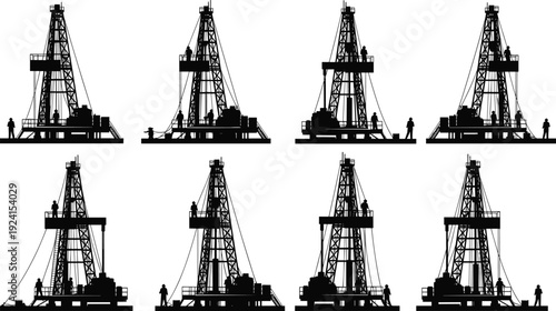 Oil drilling rig silhouettes, petroleum industry vector set, offshore platform illustration, energy production icons, industrial design, black graphic collection