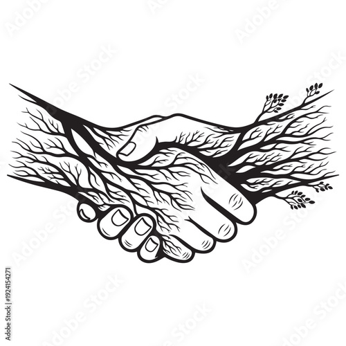 Conceptual Handshake Illustration with Tree Branches and Roots Forming a Partnership Agreement Between Nature and Humanity in a Minimalist Black and White Woodcut Style for Sustainability.