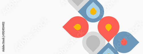 Abstract colorful shapes resembling water droplets. Minimalist design with red, blue, gray, yellow hues. Clean background. Simple graphic elements.