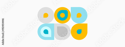 Colorful circles, squares, arcs form abstract pattern. Simple design, pastel tones, geometric shapes present. Clean aesthetic.