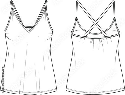 Ribbed racerback crop top technical sketch, sleeveless scoop neck tank, athletic summer vest, fashion flat drawing for apparel design, clothing template, vector.