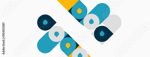 Abstract design features repeating pill shapes. Blue, gold, gray colors dominate white background. Minimalist aesthetic, clean lines present.