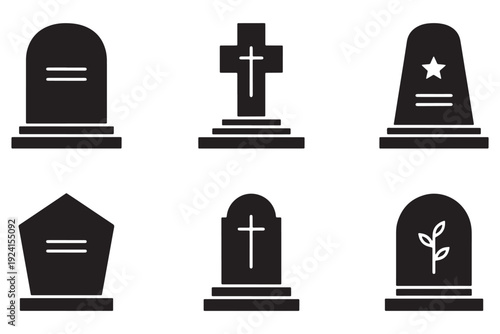A collection of black and white tombstone icons on a plain background
