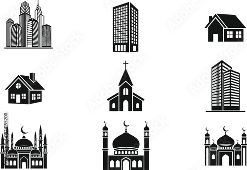 Set of black silhouette building icons including modern city skyscrapers, residential houses, a Christian church, and various Islamic mosque architectural structures for urban maps