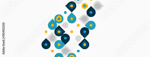 Abstract pattern features overlapping circles. Colors include blue, gold, gray. Design appears modern, geometric, playful.