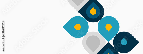 Abstract water drops, blue, orange, gray hues. Minimalist design, clean lines, simple shapes, modern aesthetic. Fluidity suggested.