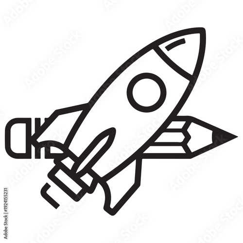 Minimalist rocket ship and pencil icon representing a creative startup launch, rapid business growth, and innovative educational progress in a clean black line art style on white background.