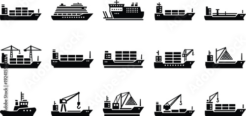 Cargo and industrial ship silhouettes set container vessel cruise liner crane ship maritime transport shipping logistics harbor operations isolated vector black illustration collection