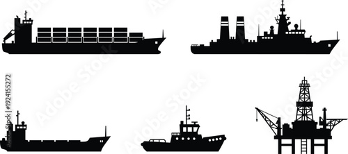 Cargo ship warship tanker boat and offshore oil platform silhouettes set maritime transport industrial shipping fleet isolated vector black ocean industry illustration