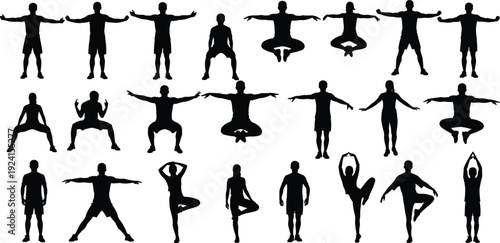 Set of Healthy People Silhouette Doing Yoga Fitness Exercises and Workout Poses for Wellness Lifestyle Training and Body Balance Concept