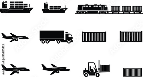 Freight transport silhouettes set cargo ship airplane truck train container forklift logistics shipping delivery global transport isolated vector black industrial illustration collection icons