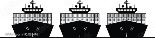 Front view container ship silhouettes set cargo vessel maritime transport shipping logistics freight sea import export isolated vector black industrial illustration collection