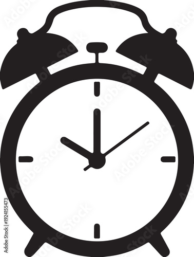 A retro black metal alarm clock with classic bells and white numbers stands as an isolated vintage object used to wake people for their morning deadline and keep track of every second and hour