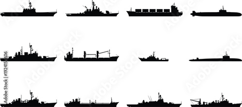 Naval and cargo ship silhouettes set military warship submarine destroyer container vessel maritime fleet ocean transport isolated vector black defense shipping illustration collection