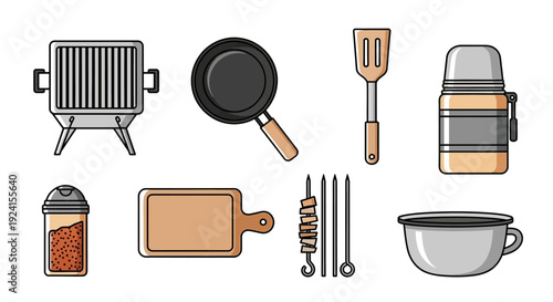 Illustrated collection of outdoor cooking and BBQ picnic essentials.