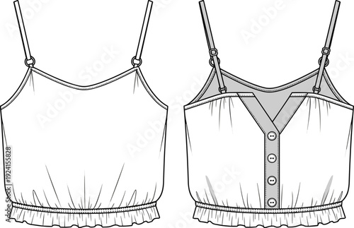 Women’s camisole illustration, fashion technical drawing, adjustable strap detail, ruffle hem design, button closure back sketch, apparel construction reference, clothing design illustration