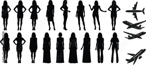 Female silhouette set collection, CAD drawing flat vector illustration with business women figures and airplane icons isolated
