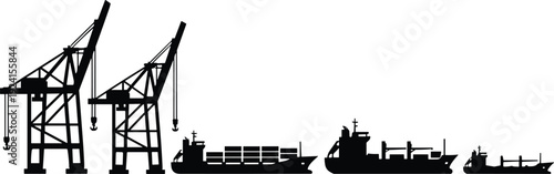 Port crane and cargo ship silhouettes set container vessel harbor loading dock industrial maritime shipping logistics transport isolated vector black illustration collection freight terminal