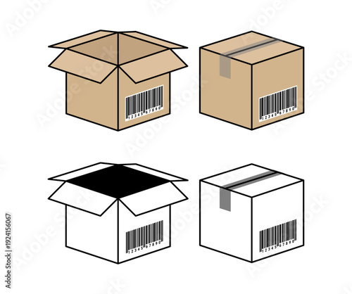 Brown and black cardboard box icons set with barcode, without background