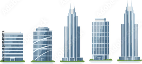 Modern skyscraper building set, CAD drawing flat vector illustration of urban office towers city skyline architecture