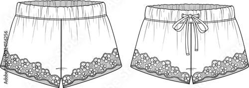 Women’s shorts illustration, fashion technical drawing, lace trim detail, floral design sketch, elastic waistband garment, drawstring bow feature, apparel construction , clothing design illustration