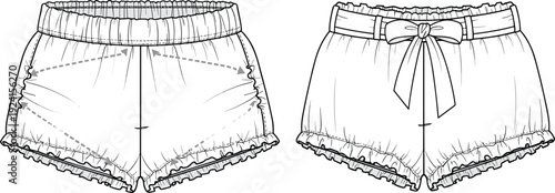 Women’s shorts illustration, fashion technical drawing, ruffle hem detail, elastic waistband sketch, decorative bow feature, apparel construction reference, clothing , garment manufacturing design