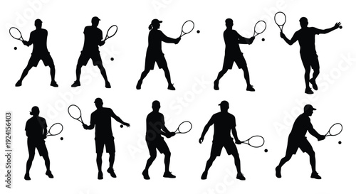 A collection of black silhouettes of people playing tennis in various poses silhouette