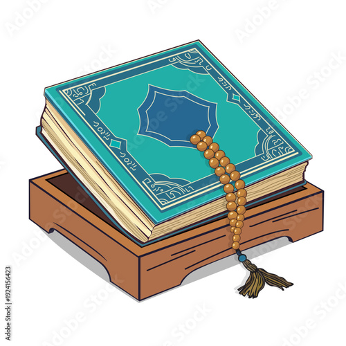 Quran with Wooden Stand and Prayer Beads for Islamic and Ramadan Celebration