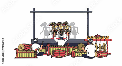 Illustration of a man sitting with various colorful items and a large screen displaying silhouettes in a vibrant, eclectic setting.