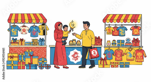 A cartoon illustration of a man and woman with a child shopping at a vibrant market with colorful clothing and goods on display.